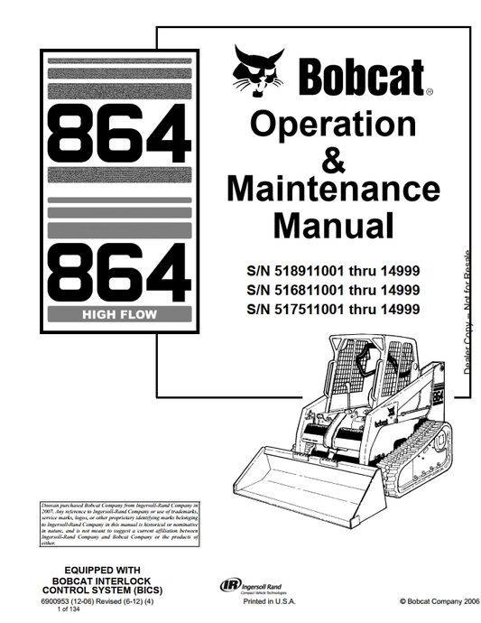 Bobcat 864 Loader Operation & Maintenance Manual PDF