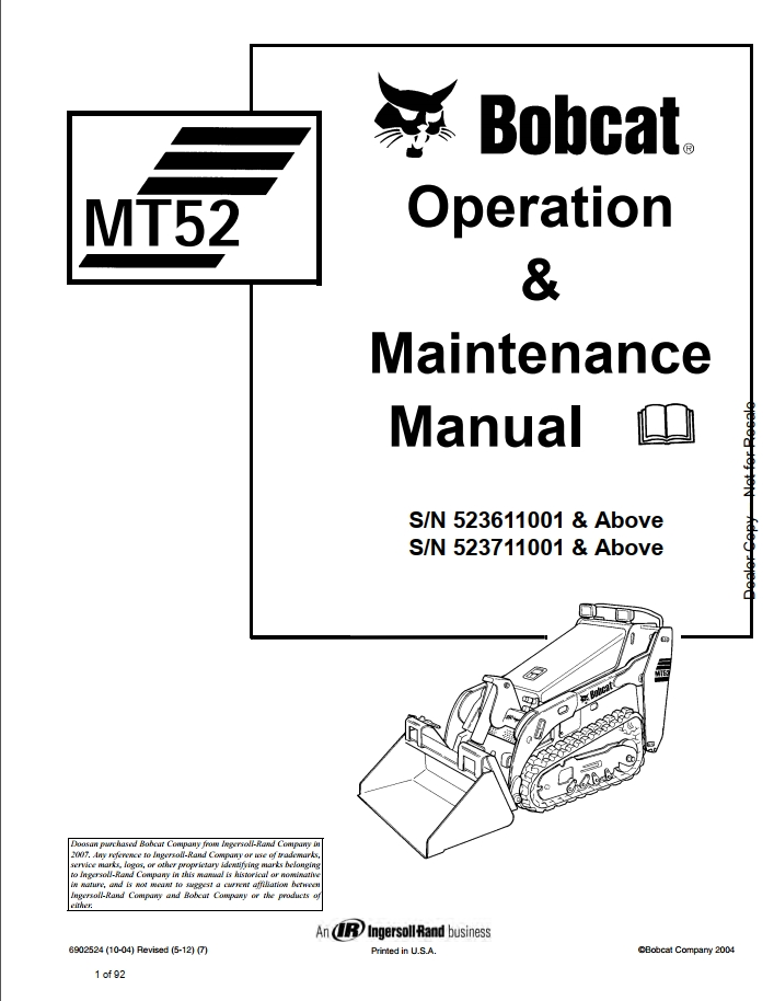 Bobcat Mini Loader MT52 Operation & Maintenance Manual (PDF Guide)