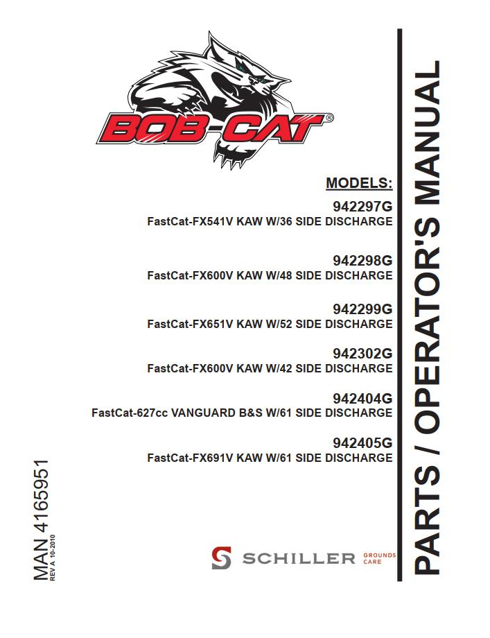 Bobcat Mower 942297G, 942298G, 942299G, 942302G, 942404G, 942405G Parts & Operator Manual PDF