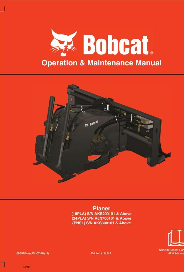 Bobcat Planer 18PLA, 24PLA PNSFL Operation & Maintenance Manual PDF