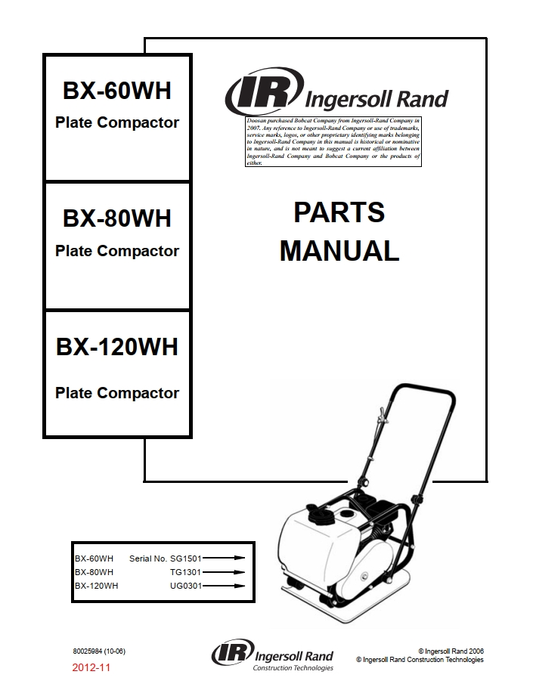 Bobcat BX-60WH BX-80WH BX-120WH Plate Compactor Parts Manual PDF