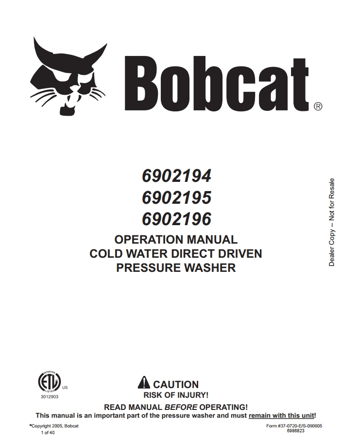Bobcat Pressure Washer Operation & Maintenance Manual PDF