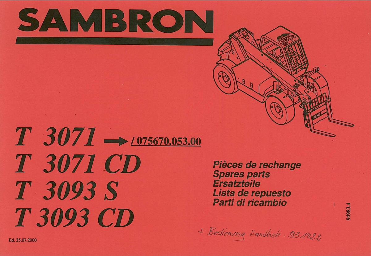 Bobcat Sambron Telehandler T3071, T3071CD, T3093S & T3093CD Spare Parts Catalog PDF