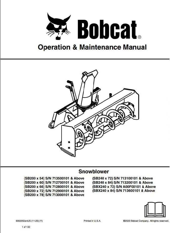 Bobcat Snowblower SB200x54 to SBX240x84 Operation & Maintenance Manual PDF
