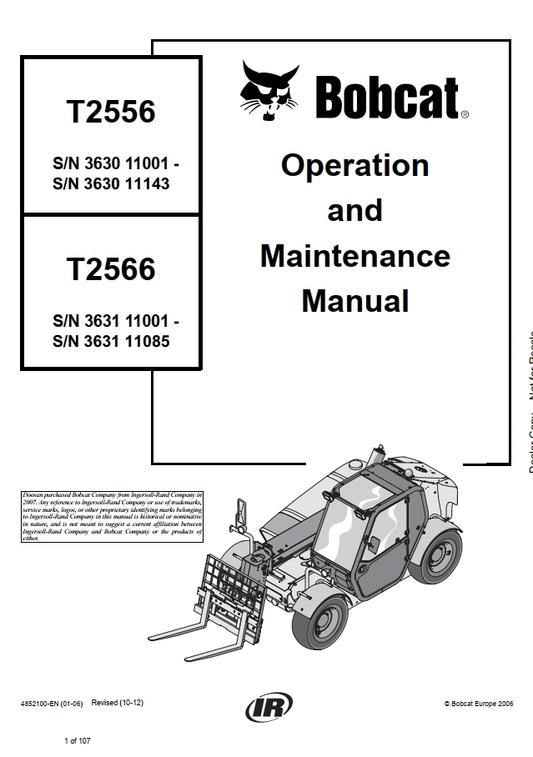 Bobcat T2556 T2566 Telescopic Handler Operation & Maintenance Manual PDF