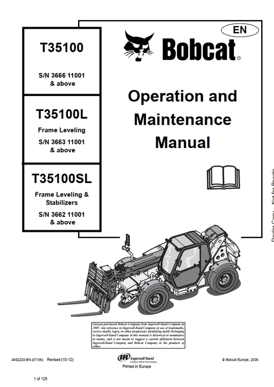 Bobcat T35100(S)(L) Telescopic Handler Operation & Maintenance Manual PDF