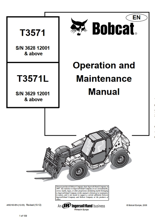 Bobcat T3571(L) Telescopic Handler Operation & Maintenance Manual PDF