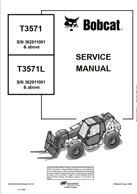Bobcat T3571 & T3571L Telescopic Handler Service Manual PDF