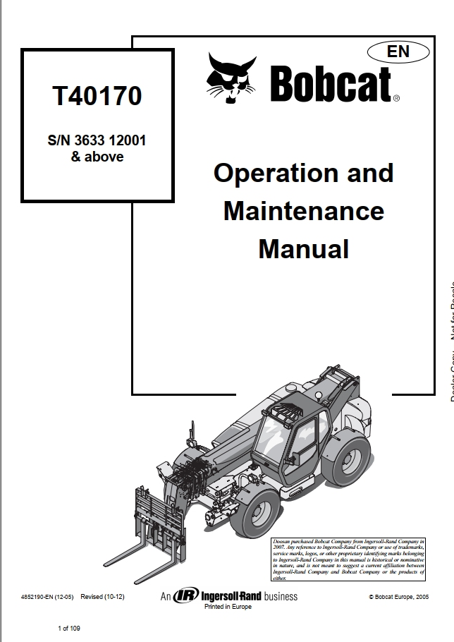 Bobcat T40170 Telescopic Handler Operation & Maintenance Manual (PDF)