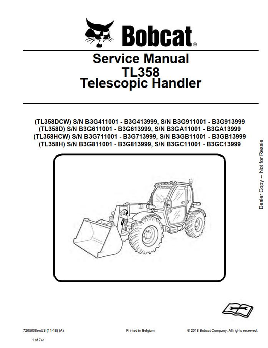 Bobcat TL358 Telescopic Handler Service Manual (PDF Download)