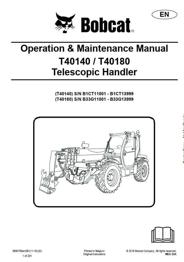 Bobcat TL40140 TL40180 Telescopic Handler Operation & Maintenance Manual PDF
