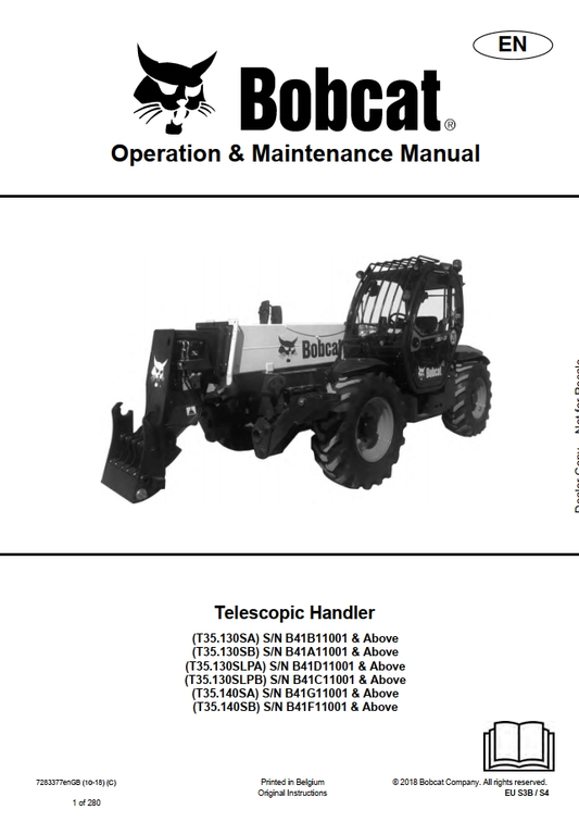 Bobcat T35130S & T35140S Telescopic Handler Operation & Maintenance Manual (PDF)