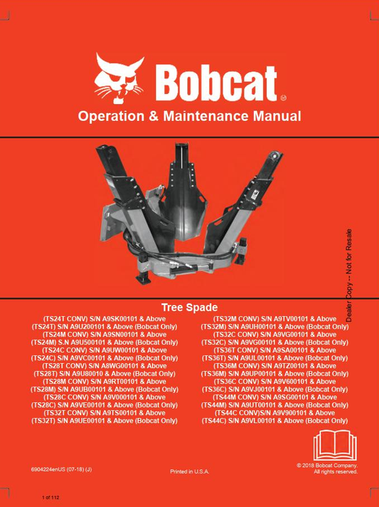 Bobcat Tree Spade, Tree Vibrator, Tree Fork Operation & Maintenance Manual PDF