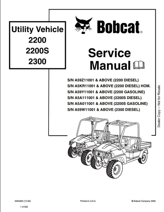 Bobcat Utility Vehicle 2200 and 2300 Service Manual PDF