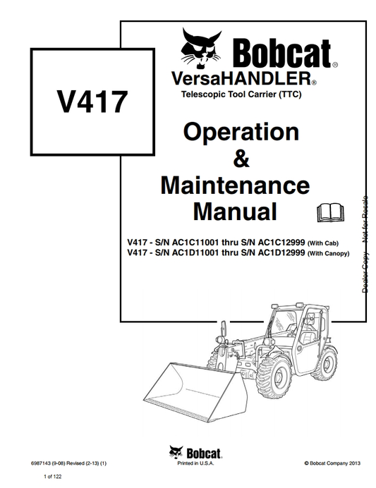 Bobcat VersaHandler TTC V417 Operation & Maintenance Manual PDF
