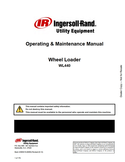 Bobcat Wheel Loader WL440(A) Operation & Maintenance Manual PDF