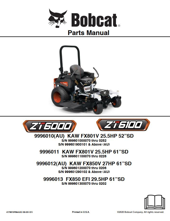 Bobcat Zero-Turn Mower ZT6000, ZT6100 Parts Manual PDF
