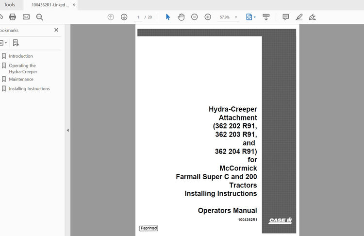 CASE IH TRACTOR HYDRA- CREEPER ATTACHMENT FOR MCCORMICK FARMALL SUPER C AND 200 1004362R1 OPERATOR’S MANUAL - PDF FILE