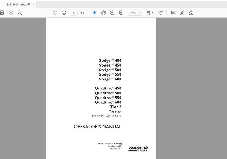 CASE IH TRACTOR STEIGER 400,450,500,550,600 QUADTRAC 450,500,550,600 TIER 2 84548098 OPERATOR’S MANUAL - PDF FILE