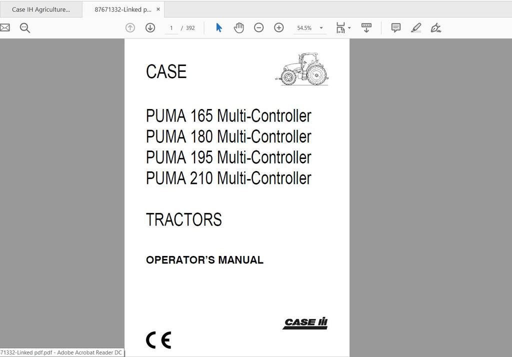 CASE IH TRACTOR PUMA 165 MULTI-CONTROLLER, PUMA 180 MULTI-CONTROLLER,PUMA 195 MULTI-CONTROLLER, PUMA 210 MULTI-CONTROLLER 87671332 OPERATOR’S MANUAL - PDF FILE