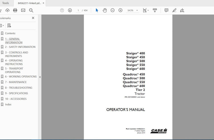 CASE IH TRACTOR STEIGER 400,450,500,550,600 QUADTRAC 450,500,550,600 TIER 2 84562211 OPERATOR’S MANUAL - PDF FILE