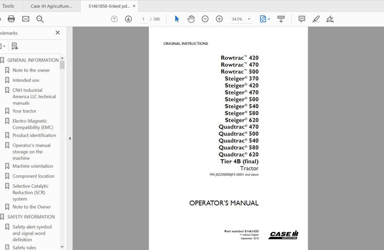 CASE IH TRACTOR ROWTRAC STEIGER QUADTRAC 470, 500, 540, 580, 620 TIER 4B (FINAL) 51461858 OPERATOR’S MANUAL - PDF FILE