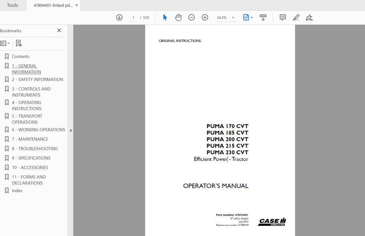 CASE IH TRACTOR PUMA 170 CVT,185 CVT,200 CVT,215 CVT,230 CVT EFFICIENT POWER 47894401 OPERATOR’S MANUAL - PDF FILE