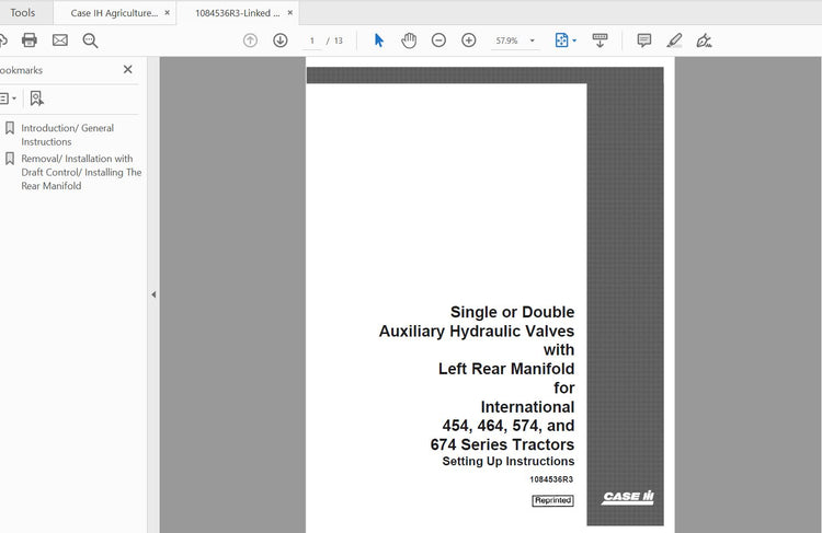 CASE IH TRACTOR SINGLE OR DOUBLE AUX HYDRAULIC VALVES ON 454,464,574,674 SERIES 1084536R3 OPERATOR’S MANUAL - PDF FILE