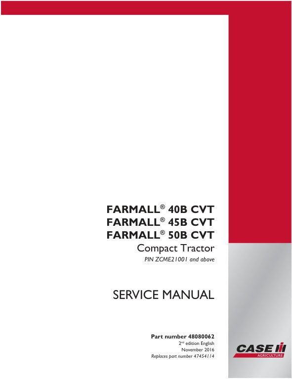 CASE 40B CVT, 45B CVT, 50B CVT Compact Tractor Service Manual - 48080062