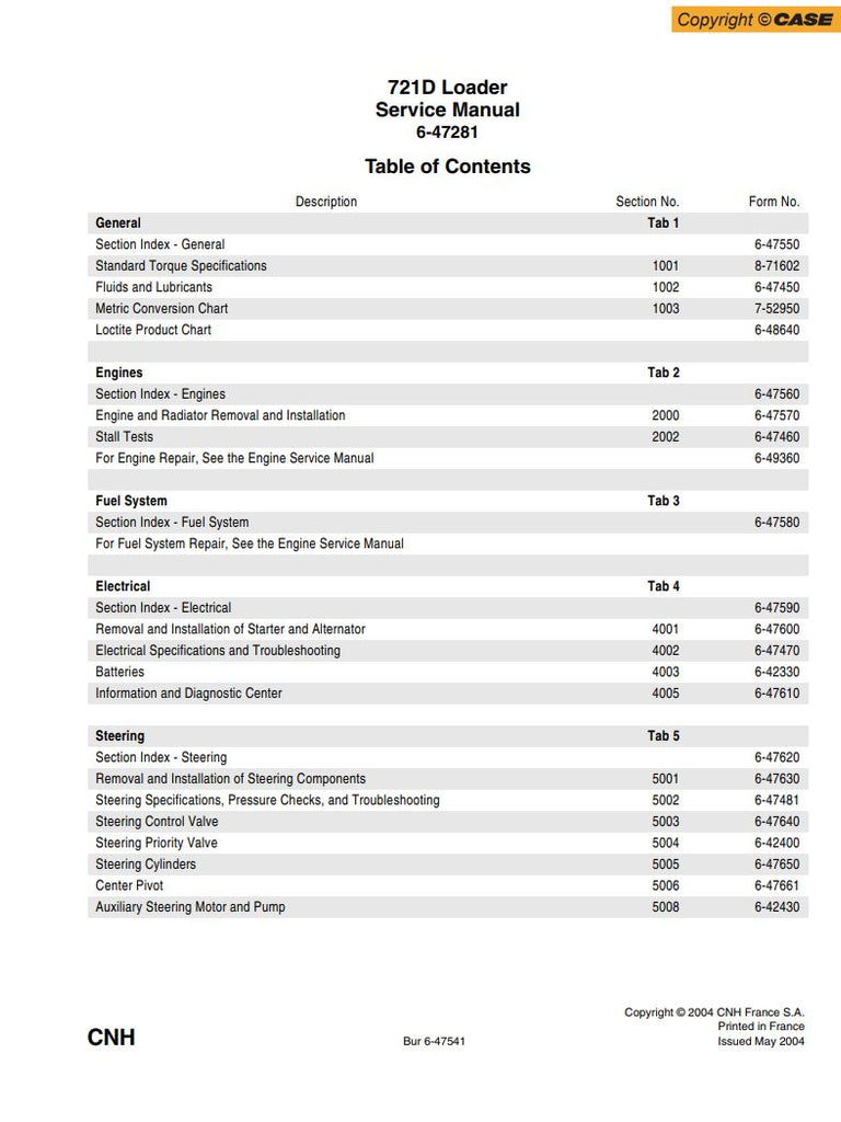 CASE 721D LOADER SERVICE MANUAL 6-47281 - PDF FILE