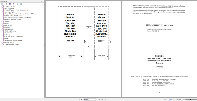 CASE Chassis 766, 966, 1066, 1466, 1468 Model 100 Hydrostatic Tractors Service Manual GSS14311R0 - PDF File
