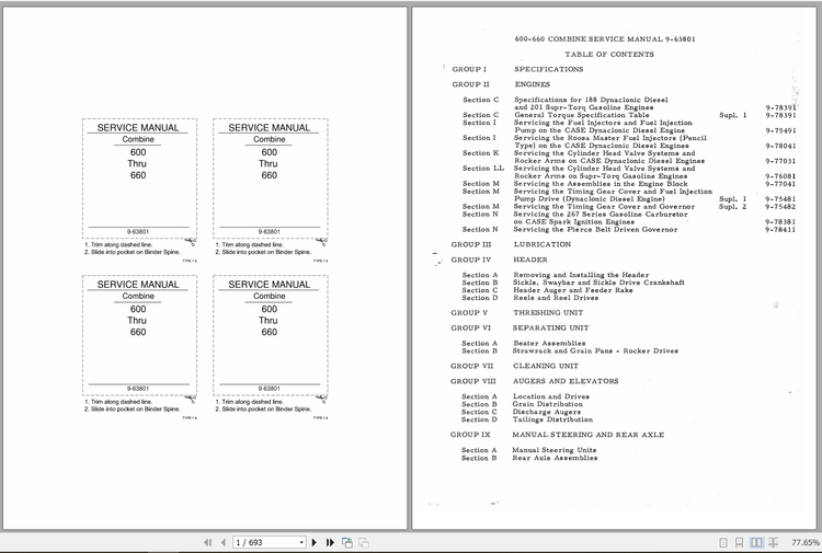 CASE COMBINES 600 THRU 660 SERVICE MANUAL 9-63801 - PDF FILE