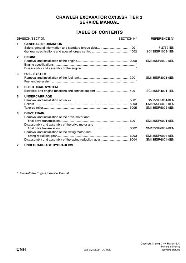CASE CX135SR TIER 3 CRAWLER EXCAVATOR SERVICE MANUAL SM135SRTOC-0EN PDF FILE