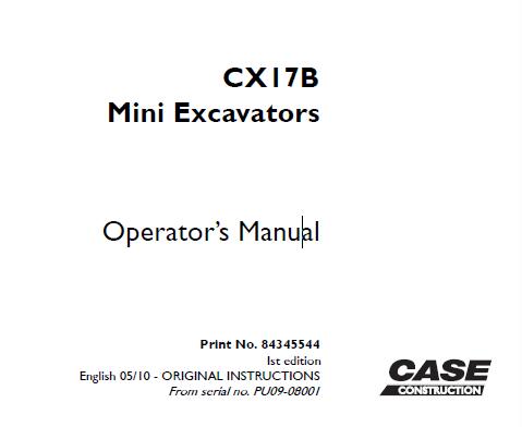 CASE CX17B EXCAVATOR OPERATORS MANUAL - PDF FILE