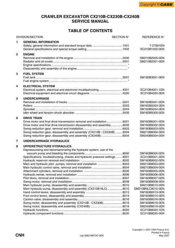 CASE CX210B, CX230B, CX240B CRAWLER EXCAVATOR SERVICE MANUAL SM210BTOC-0 PDF FILE