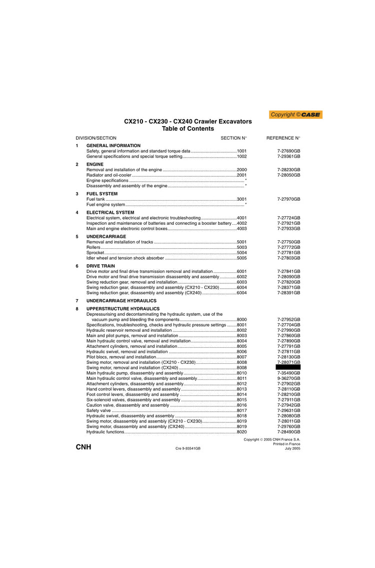 CASE CX210, CX230, CX240 CRAWLER EXCAVATOR SERVICE MANUAL 9-93541 PDF FILE
