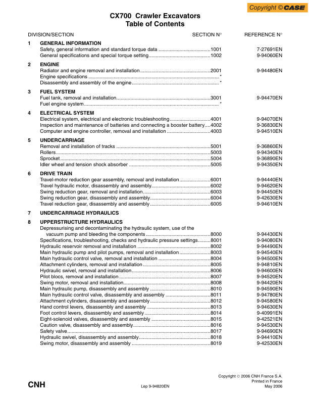 CASE CX700 CRAWLER EXCAVATOR SERVICE MANUAL 9-94820EN PDF FILE