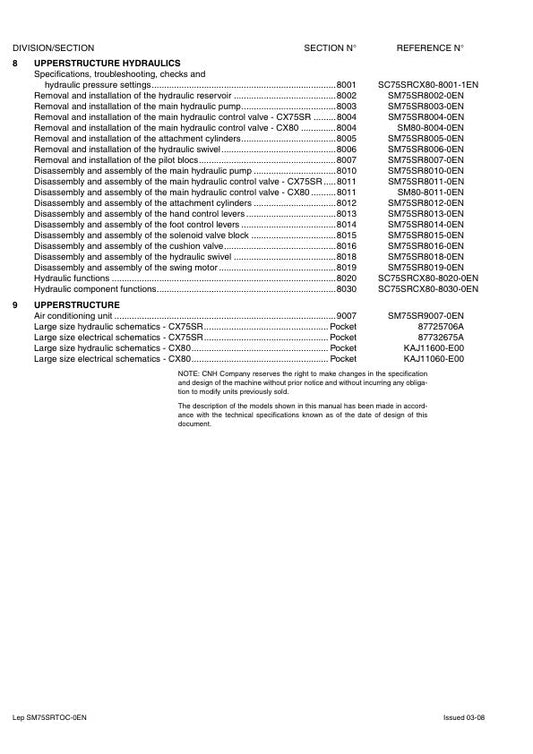 Case CX75SR & CX80 Tier 3 Crawler Excavator Service Manual (SM75SRTOC-0EN)