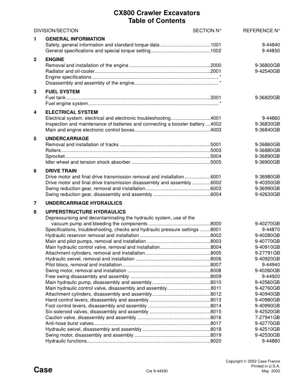 CASE CX800 CRAWLER EXCAVATOR SERVICE MANUAL 9-44930 PDF FILE