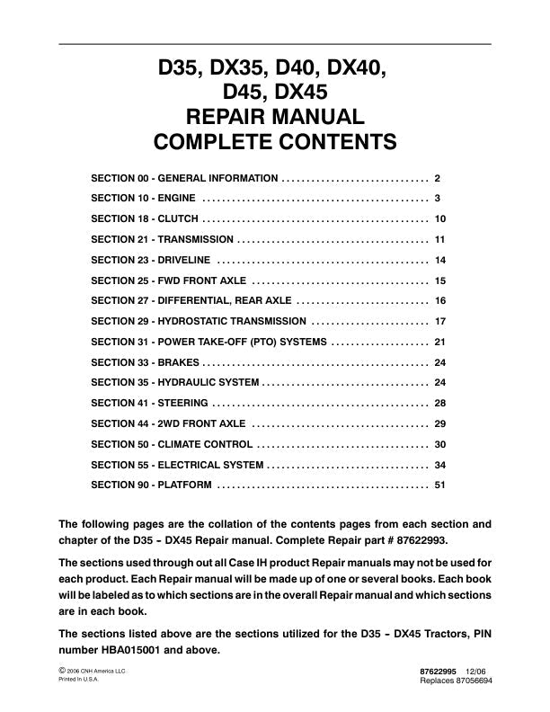 CASE D35, DX35, D40, DX40, D45, DX45 TRACTOR REPAIR MANUAL 87622995 - PDF FILE