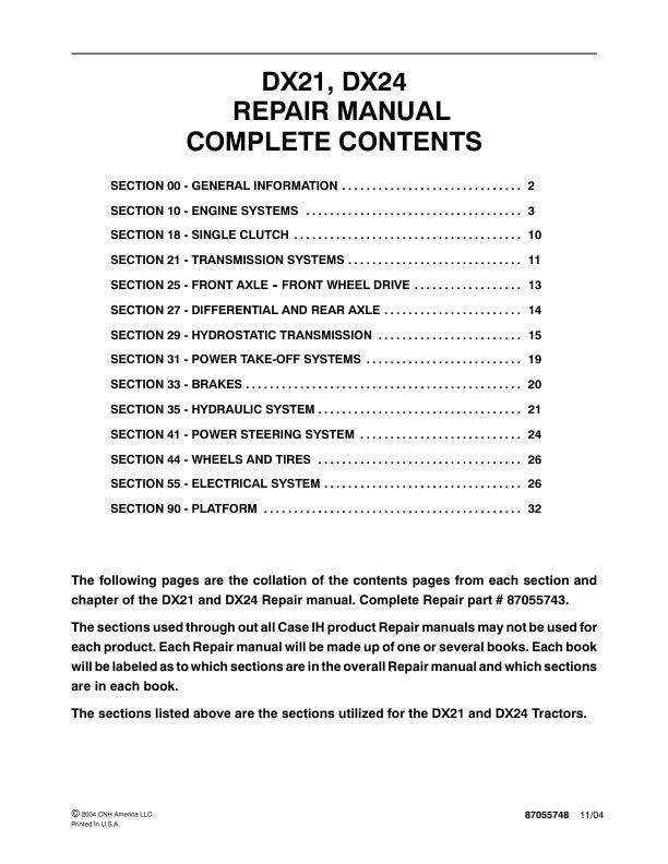 CASE DX21, DX24 TRACTOR REPAIR MANUAL 87055748 - PDF FILE