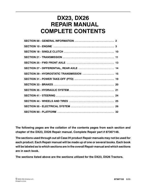 CASE DX23, DX26 TRACTOR REPAIR MANUAL 87367153 - PDF FILE