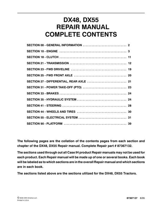 CASE DX48, DX55 Tractor Repair Manual - 87367137