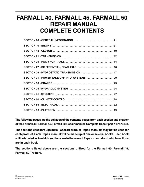 CASE FARMALL 40, 45, 50 TRACTOR REPAIR MANUAL 87473199 PDF FILE