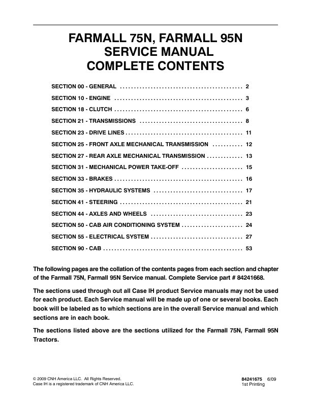 CASE FARMALL 75N, 95N TRACTOR SERVICE MANUAL 84241675 PDF FILE