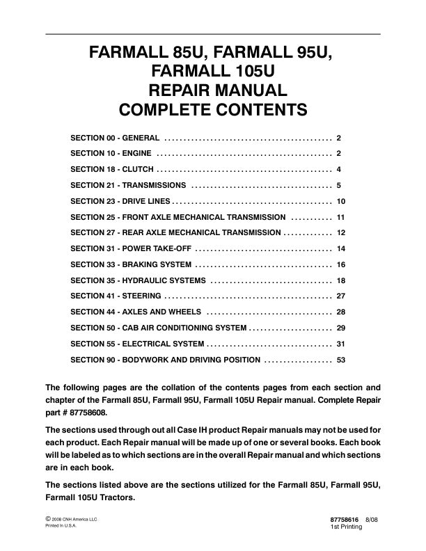 CASE FARMALL 85U, 95U, 105U TRACTOR REPAIR MANUAL 87758616 - PDF FILE