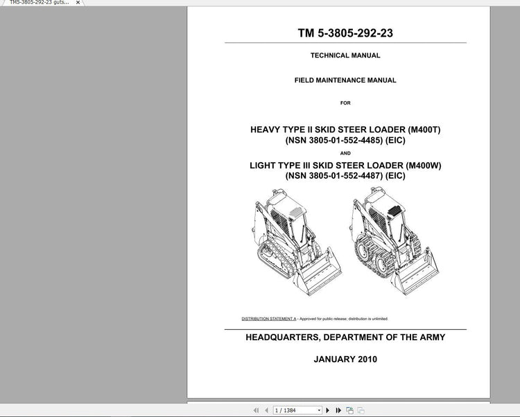 CASE Heavy/Light Type II Skid Steer Loader M400T, M400W TM 5-3805-292-23 Technical Manual PDF