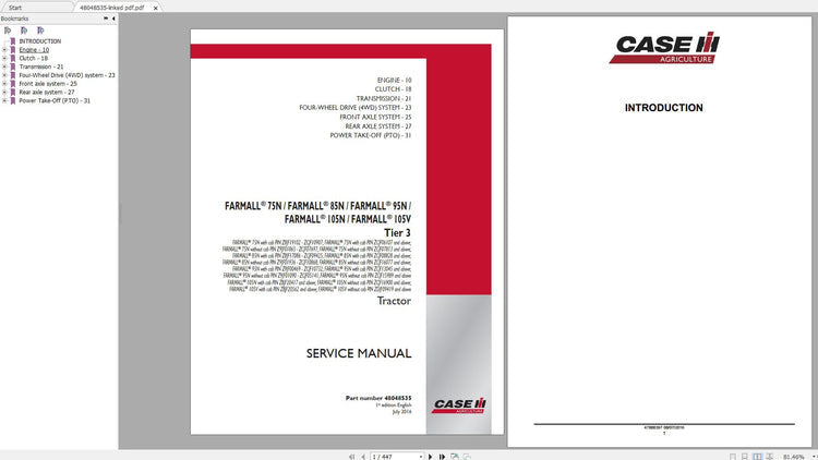 CASE IH FARMALL 75N,85N,95N,105N,105V TIER 3 TRACTOR SERVICE MANUAL - PDF FILE