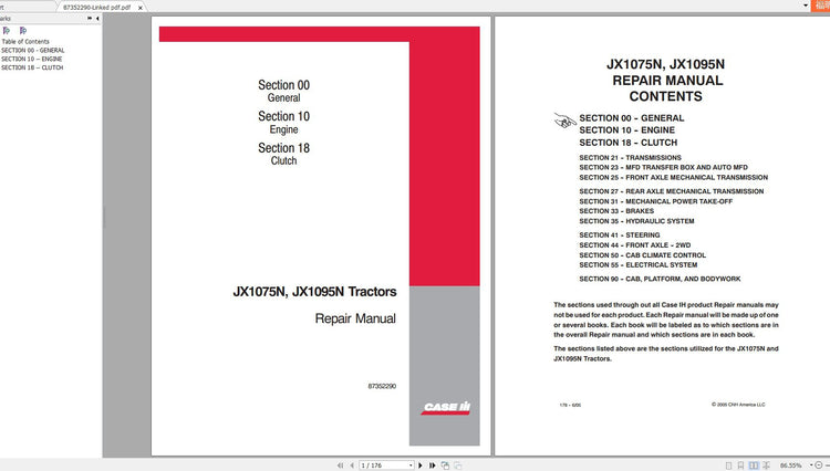 CASE IH JX1075N, JX1095N TRACTORS REPAIR MANUAL - PDF FILE