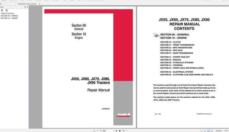 Case IH JX55, JX65, JX75, JX85, JX95 Tractors Repair Manual - PDF File